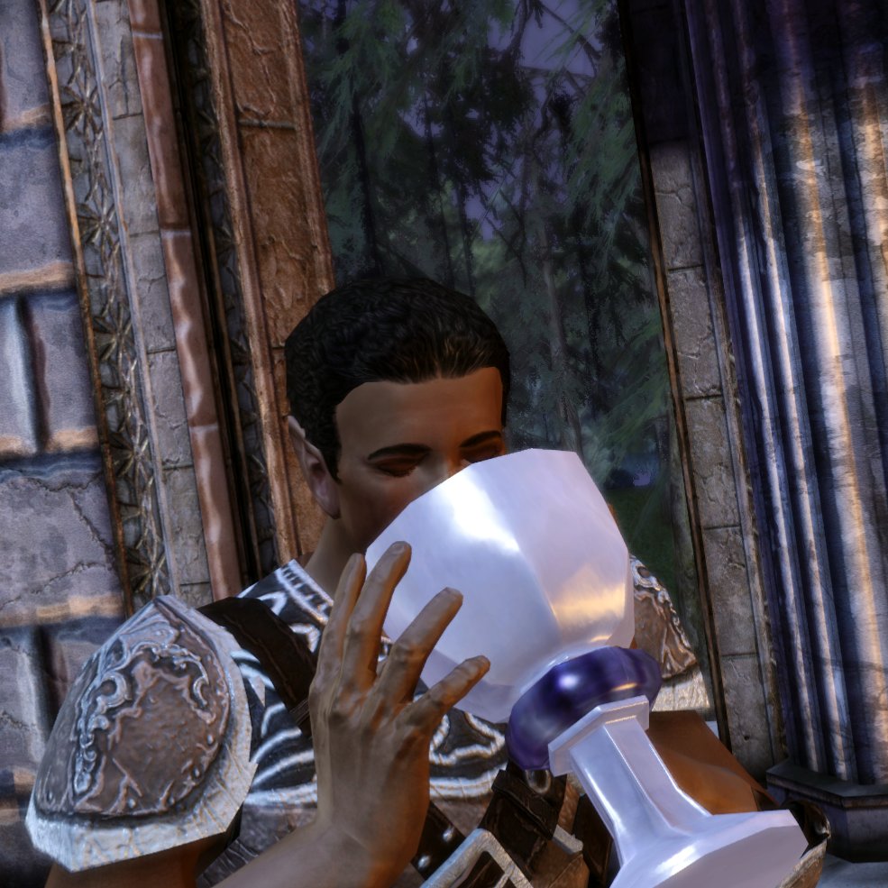 Spectre_Gray's tweet image. One sip and he's hearing the archdemon in his head. What a lightweight