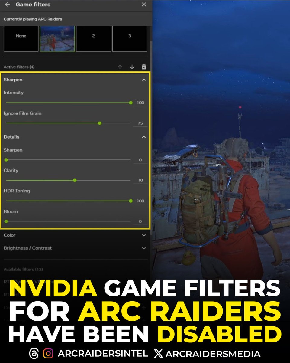 ❌ Nvidia Game Filters for ARC Raiders have been turned off.

Highly competitive players were exploiting them to gain a clear visibility edge.