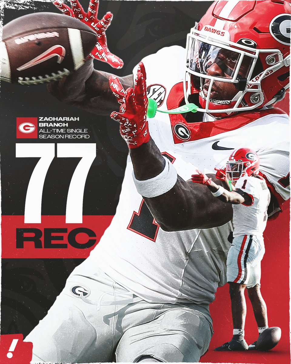 YahooSports's tweet image. ZACHARIAH BRANCH GOES INTO THE GEORGIA RECORD BOOKS 😤

Branch is now the Dawgs' all-time leader in receptions in a single season.