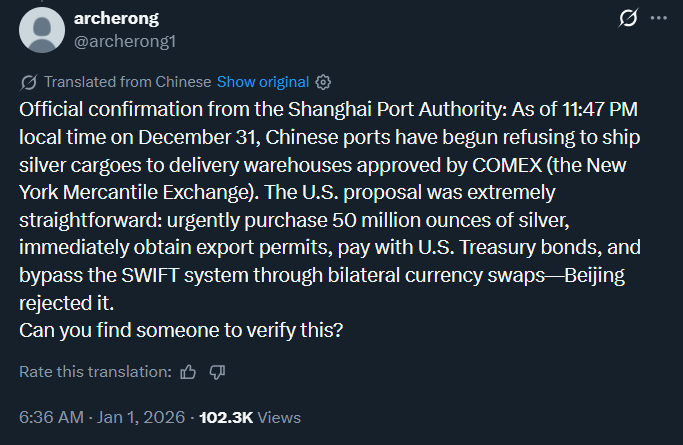 silvertrade's tweet image. 🚨CHINESE PORTS HAVE BEGUN REFUSING TO SHIP SILVER CARGOES TO DELIVERY WAREHOUSES APPROVED BY COMEX 🚨- REPORT

🚨BEIJING REPORTEDLY REJECTS 50 MILLION OZ US SILVER ORDER 🚨