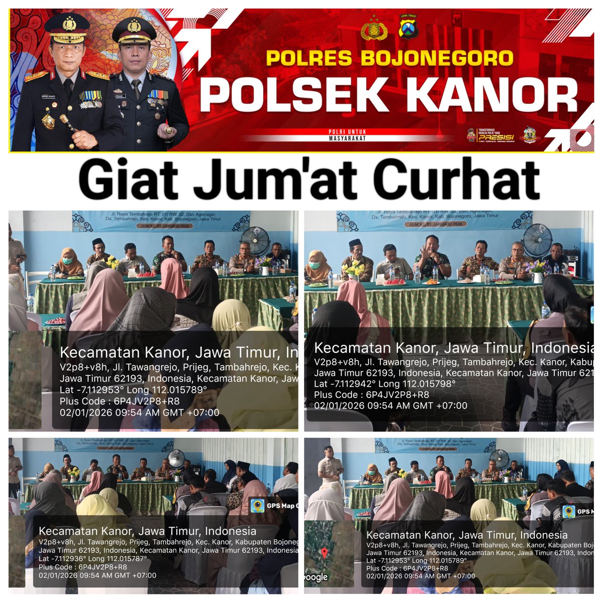Kapolsek Kanor  melaksanakan Jumat Curhat / cangkrukan dengan warga di desa Tambahrejo.

@divisihumaspolri
@humaspoldajatim
@ssdmpolri
@binmaspoldajatim

#PolriUntukMasyarakat
#PolriHadirBerbuatBermanfaat
#PresisiUntukIndonesia
#HumanisTegakanHukum
#PoldaJatim
#PolresBojonegoro