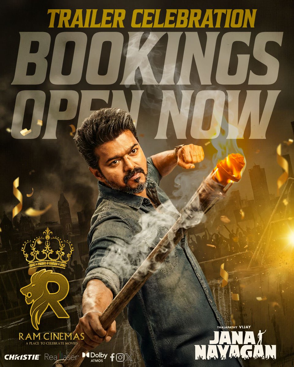 RamCinemas's tweet photo. One Last Trailer Celebration for our #ThalapathyVijay 💥
Celebration Bookings Open Now !!
#JanaNayaganTrailer #JanaNayaganInRamCinemas 👑 https://t.co/SZ343bGxJ2