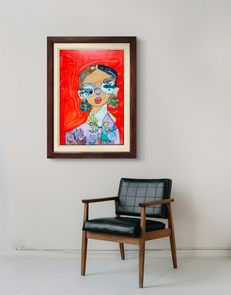 Title:  A woman wearing sunglasses. : サングラスをかけている女性 : หญิงใส่แว่นกันแดด
Technique : Oil pastels and watercolor on paper.
Size : 42x59.4 cm.

I'm vivid colour expressions artists.