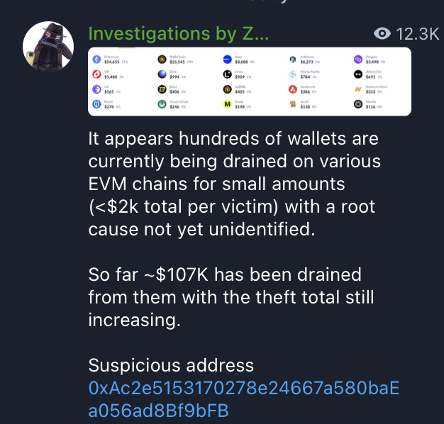 🔴COINTELGRAPH: 🚨 ALLERTA: Centinaia di portafogli svuotati su catene EVM, oltre 107K rubati e causa ancora sconosciuta. Rimanete vigili!