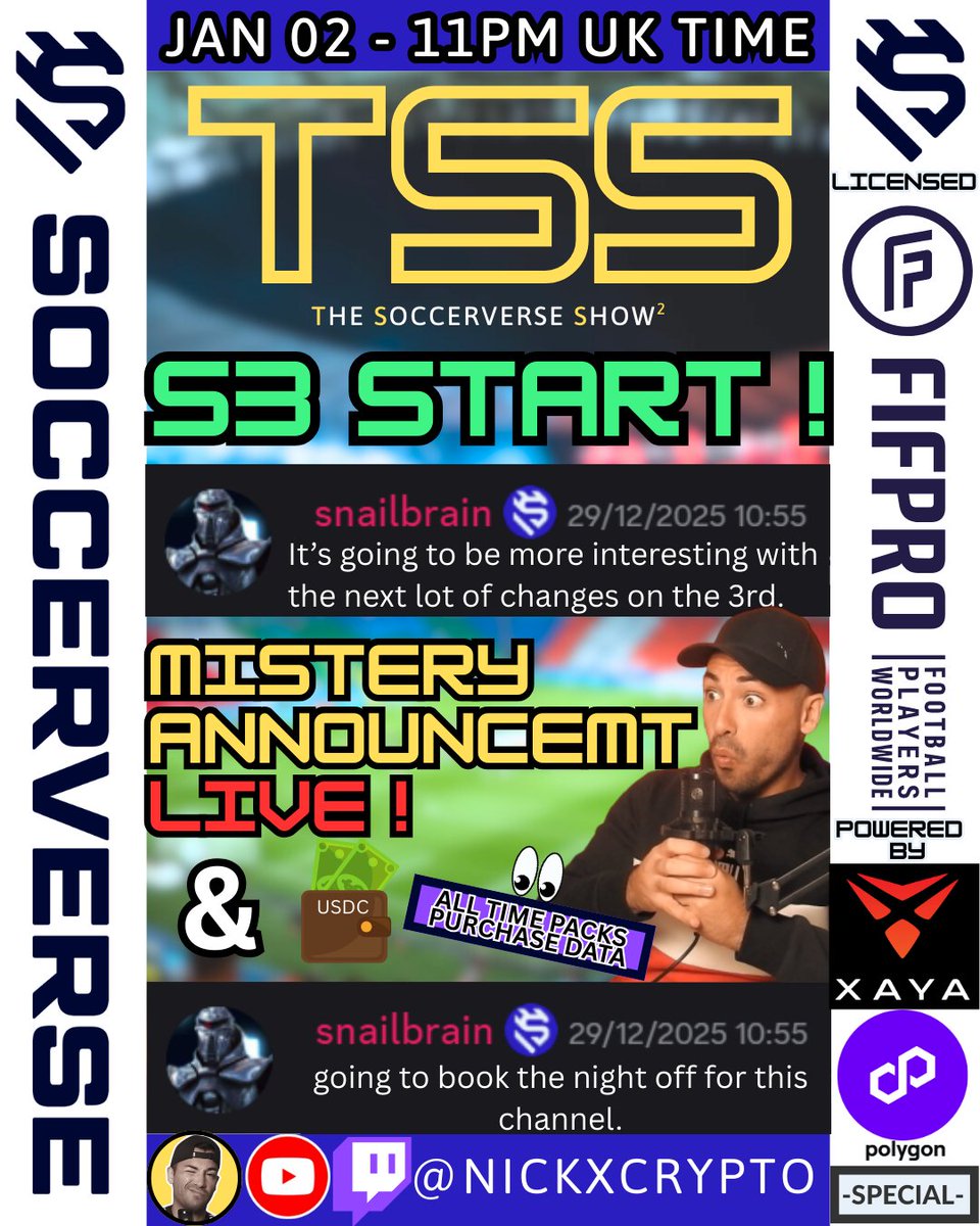 🔥[EPIC] <a href="/soccerverse/">Soccerverse</a> S E A S O N 3    S T A R T S🔥

Late night show to wait together LIVE the big announcement that <a href="/snailbrainx/">snailbrain</a> pre-announced . . .

What is gonna happen ? What is gonna change? 

Here is what we know:
-New players
-New ratings
-Contracts renewals
-Contract