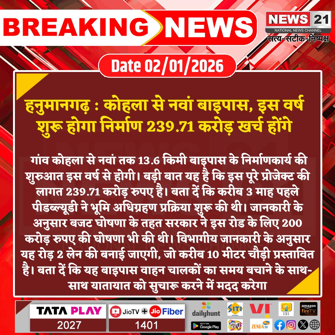 news21national's tweet photo. #Hanumangarh : कोहला से नवां बाइपास, इस वर्ष शुरू होगा निर्माण 239.71 करोड़ खर्च होंगे
#BypassProject #RoadDevelopment #InfrastructureBoost #PWDProject #TrafficRelief #BreakingNews #LatestNews #News21National https://t.co/cZkZDz2gv6