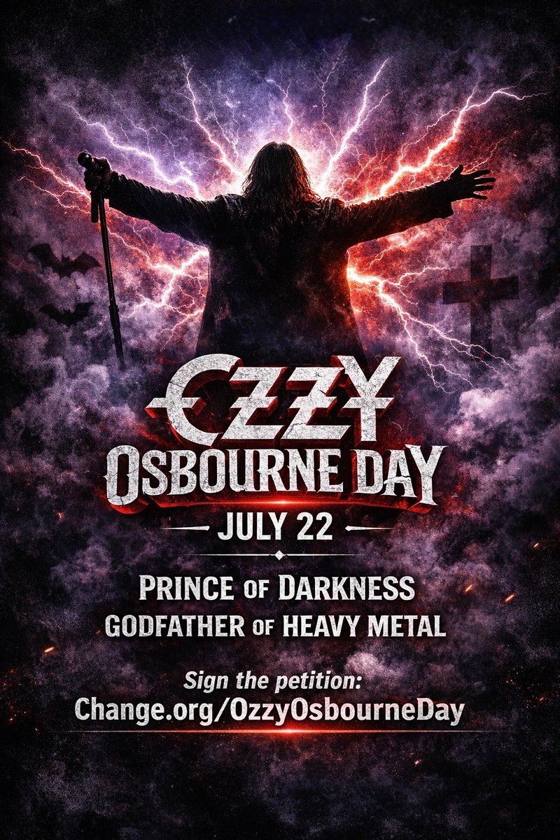 ThisDayInMETAL's tweet photo. Mark the date: JULY 22

Birmingham honours the Prince of Darkness.
A city. A legend. A legacy that changed music forever.

Help make Ozzy Osbourne Day official.
🖊️ Sign & share the petition:
👉 https://t.co/r2oVjHqUYp

#OzzyOsbourneDay #OzzyOsbourne #PrinceOfDarkness #Birmingham #HeavyMetal #ThisDayInMetal