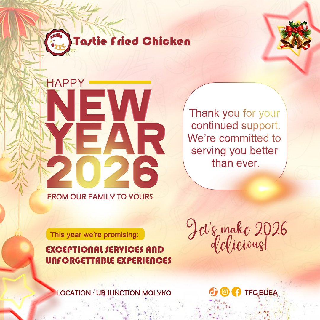 TFCBuea's tweet photo. Here's to making 2026 delicious—one unforgettable meal at a time. We can't wait to serve you moments worth savoring.

Cheers to beautiful moments this year

#tfcbuea #TFC10Years #tfcjuicebar #buea #HappyNewYear2026 # https://t.co/oaqbE2lx67