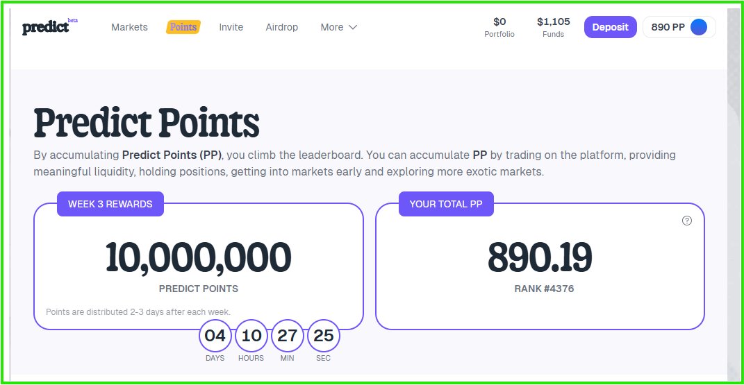 Check điểm Predict Points week 2 nha ae

Chơi để có cái mà hóng airdrop.. Năm ngoái mình lười quá toàn dòm ae bú 😂

Tuần này : +380 điểm
Rank: 4376
Link: predict.fun/?ref=CC59A
Invite code: CC59A (Giảm 10% fee)

Narrative rõ nhất 2026 đang là mấy cái thị trường dự