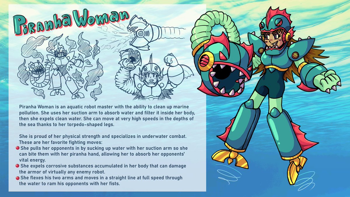 EXE_acua's tweet photo. Entry Category: Robot Master Design
#MegaManDO #DesignARobotMaster

Title of design: Piranha Woman
Introduction: A marine pollution cleaning robot with pride for her physical strength. She can go at high speeds thanks to her torpedo-shaped legs.
Pen name: Jota Ele Vargas https://t.co/nt5hsz7fQ3