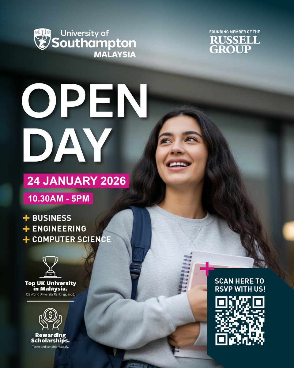 Every path leads to opportunity at UoSM.

Which door will you choose?

🎓 UoSM Open Day 2026
📅 24 Jan 2026 (Saturday)
🕙 10.30am–5pm
📍 University of Southampton Malaysia

Explore programmes, experience campus life, and meet our academics.

📲 RSVP now: forms.office.com/e/04fLKgzs1P