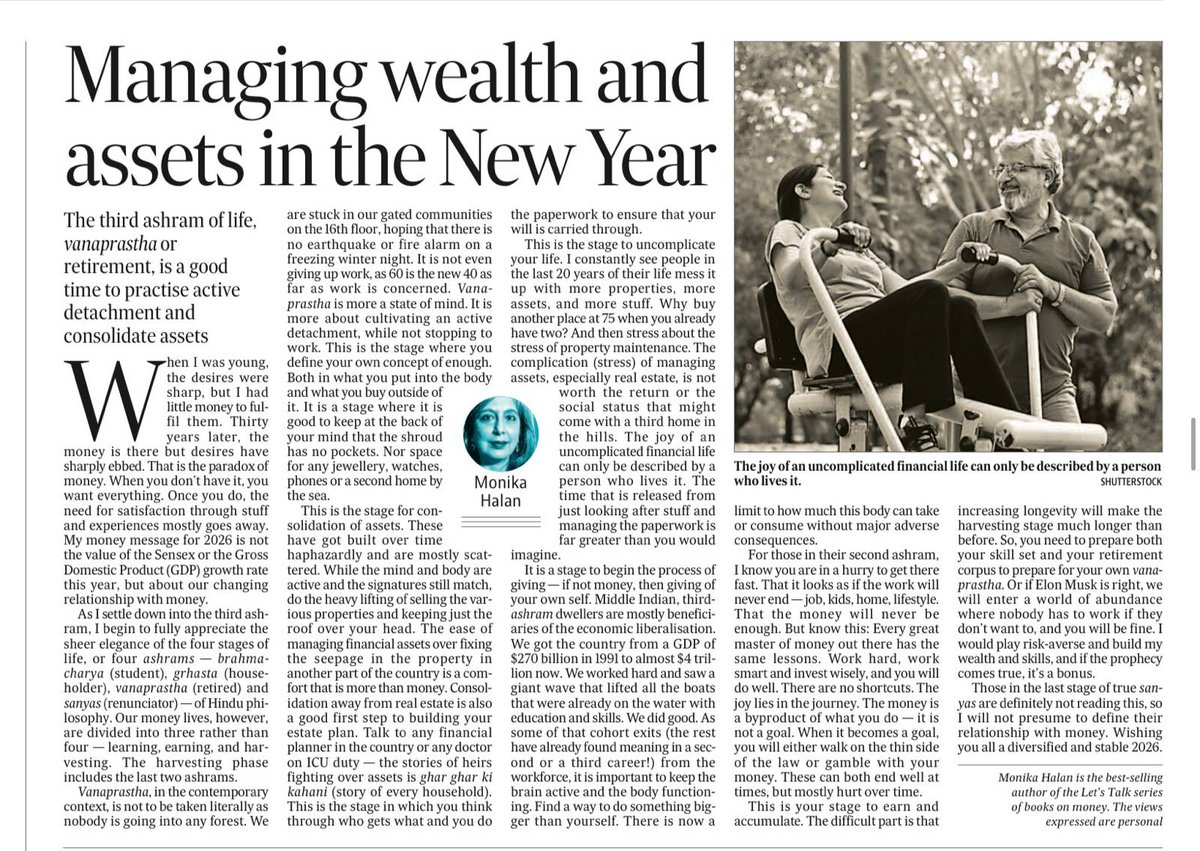 The first cohort to benefit from the 1991 liberalisation is now at the third ashram of life.
We got the country from $270 billion to $4 trillion. 
We did good.
It is time to uncomplicate our money lives. Consolidate rather than accumulate.
My money message for 2026 is just this: