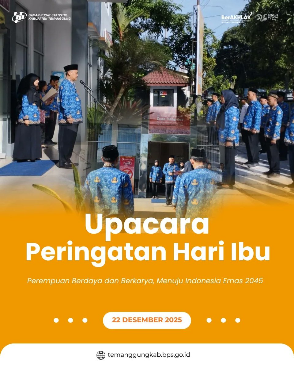 bps_temanggung's tweet photo. Upacara Peringatan Hari Ibu BPS Kabupaten Temanggung melaksanakan Upacara Peringatan Hari Ibu pada 22 Desember 2025 dengan tema “Perempuan Berdaya dan Berkarya, Menuju Indonesia Emas 2045.” Kegiatan ini menjadi momentum untuk memperkuat komitmen ASN BPS dalam menjunjung nilai- https://t.co/QwIGglOza6