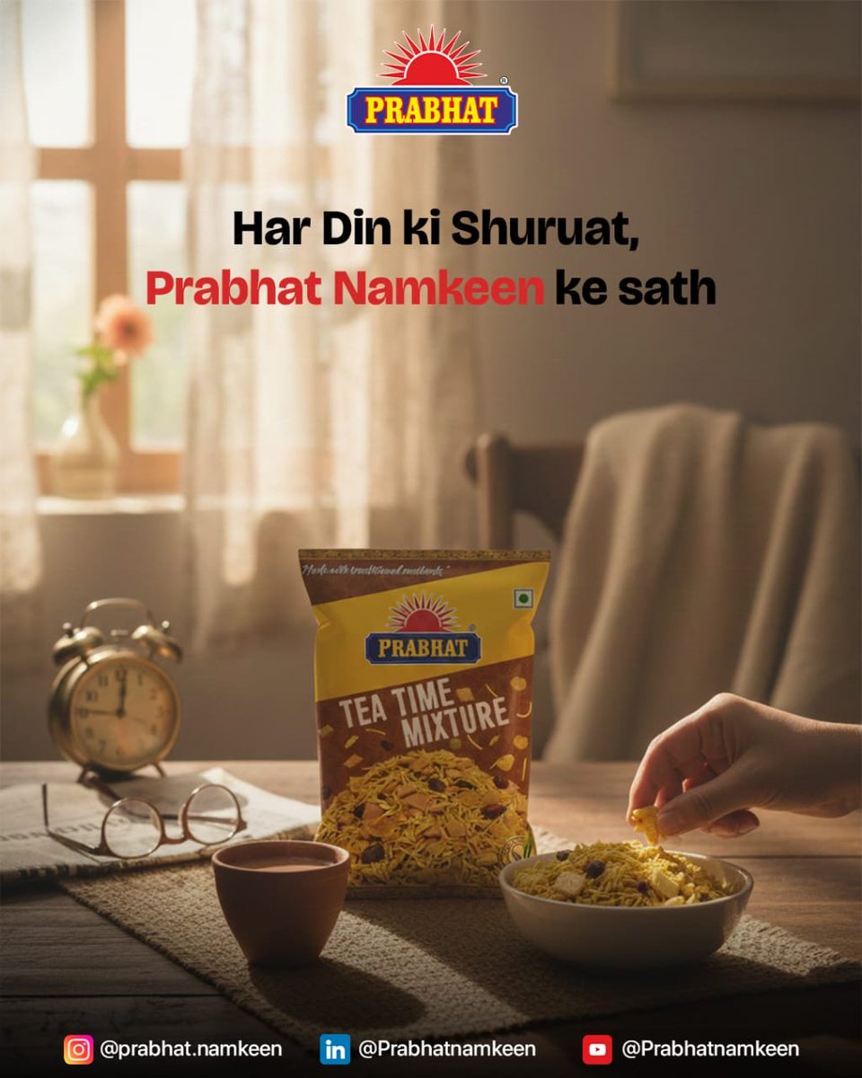 rdfoodproduct's tweet image. start your day the crunchy way 🌞🥜
Because mornings deserve more than just chai, they deserve a little swad too.

From the first bite to the last crunch, Prabhat Namkeen adds flavour, energy, and comfort to your din ki shuruat.

#prabhatnamkeen #teatimesnack