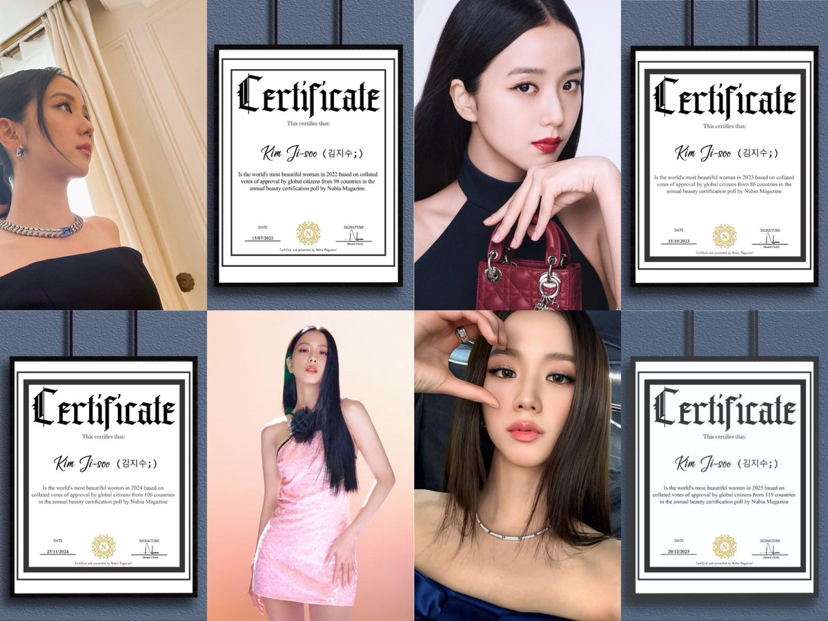 ICÔNICA! #JISOO foi eleita a mulher mais linda do mundo pelo quarto ano  consecutivo pela Nubia Magazine. ❤️\u200d🔥, image size:1200x900