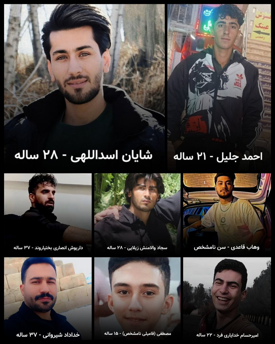 AlinejadMasih's tweet image. The regime responded to the Iranian people’s protests with bullets.
Those killed by the Islamic Republic regime:
•Mostafa, 15 years old
•Amirhossein Khodayari, 22
•Khodadad Shirvani, 37
•Sajjad Valamanesh, 28
•Vahab Ghaedi
•Shayan Asadollahi, 28
•Ahmad Jalil, 21
•Dariush…