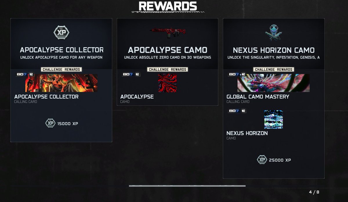 4/4! 

We unlocked NEXUS HORIZON in #BlackOps7 

Tier list for camo grind

1. Endgame
2. Zombies
3. Multiplayer
4. Warzone

This is based on enjoyment throughout the grinds! 

Next stop LEVEL 1000!