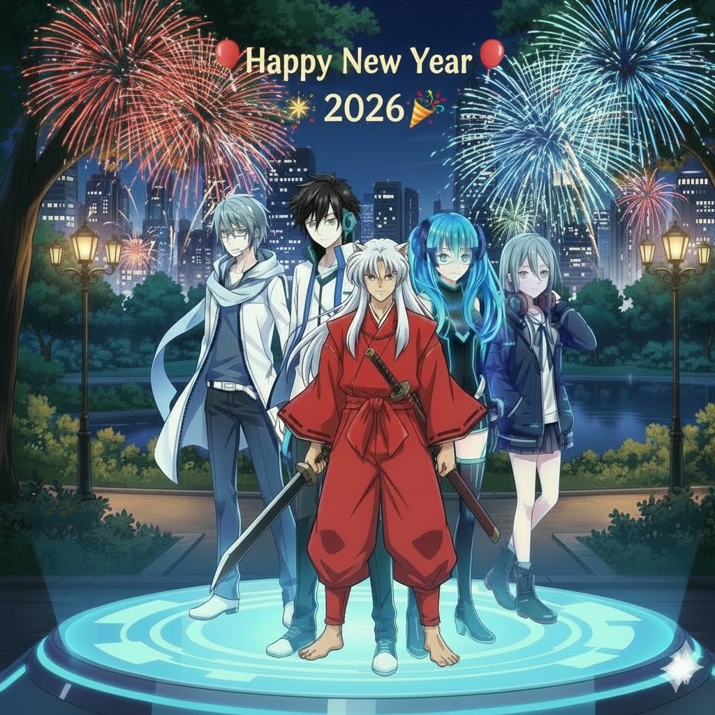 jammhearts's tweet photo. Happy New Year’s Day 2026 everyone! From all of us of the JTG-Squad! Me @LukeGamerBoy123 @KaroGameGirl123 @KamGamerGirl123 and InuYasha himself! https://t.co/70UEIRBA0N