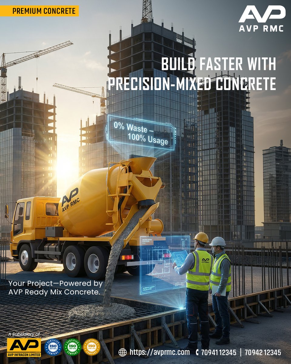 When timelines matter and quality can’t be compromised, choose precision-mixed concrete engineered for strength, efficiency, and sustainability. 

Visit: avprmc.com
Contact: +91 70941 12345, +91 70492 12345

#PrecisionConcrete #SmartConstruction #FasterBuilds