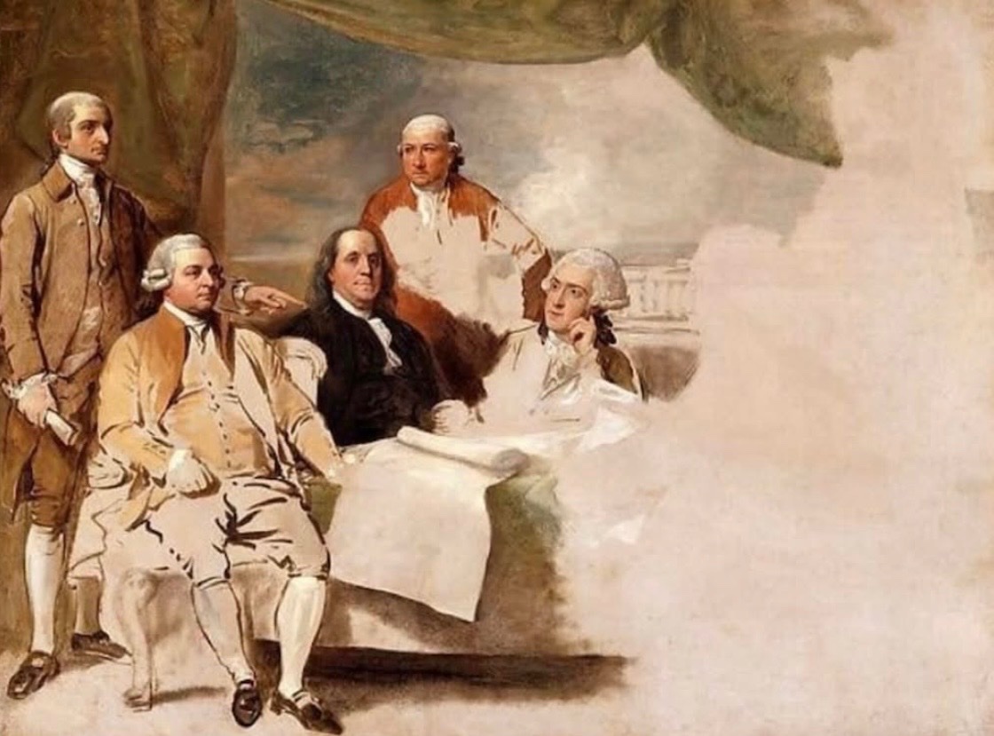 historyinmemes's tweet image. The Treaty of Paris painting, showing the conclusion of the American Revolution, remains unfinished because British representatives refused to pose in 1783.