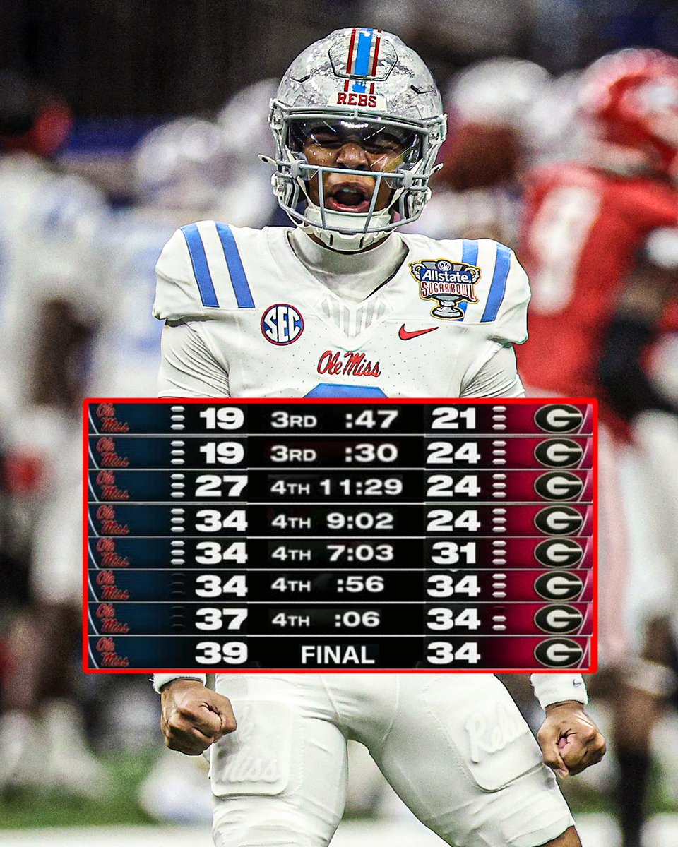 OLE MISS BEATS GEORGIA IN AN ABSOLUTE CLASSIC TO HEAD TO THE CFP SEMIS 🤯 https://t.co/5tYHmEKq31