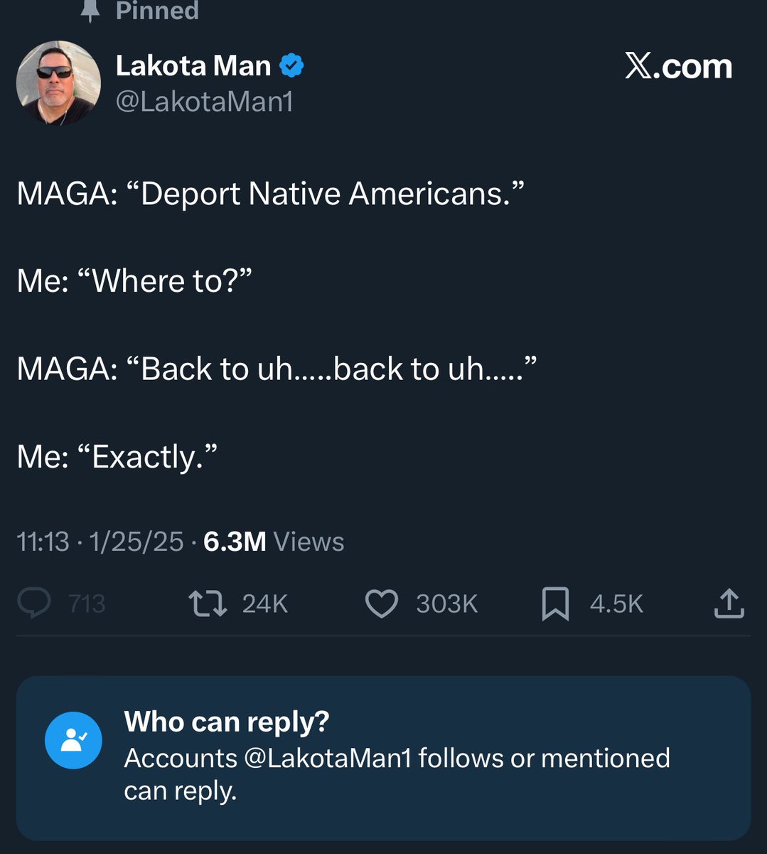 JimmyWining's tweet image. Things that never happened: MAGA suggesting we deport Native Americans. 

Things that did happen : @LakotaMan1 was rejected by the Lakota nation because he only has a drop of native blood, yet he makes it his entire personality… Talk about cultural appropriation. What a loser.