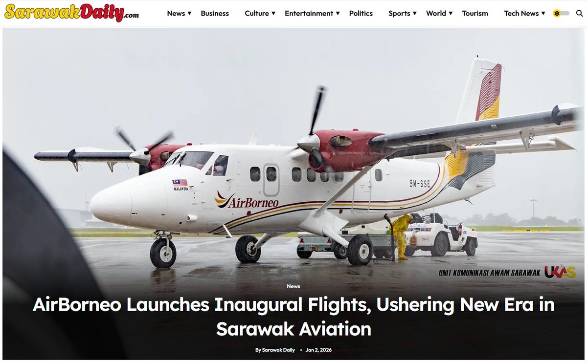 Sarawak_Daily's tweet photo. 🚀 AirBorneo takes flight! Inaugural routes from Kuching to Mukah & Tanjung Manis mark Sarawak’s new aviation era.
👉 https://t.co/j3UxxzfHSS
#Sarawak #SarawakNews #Kuching #Borneo #AirBorneo #MASwings #SarawakDaily #KuchingKing https://t.co/Od8IavWefP
