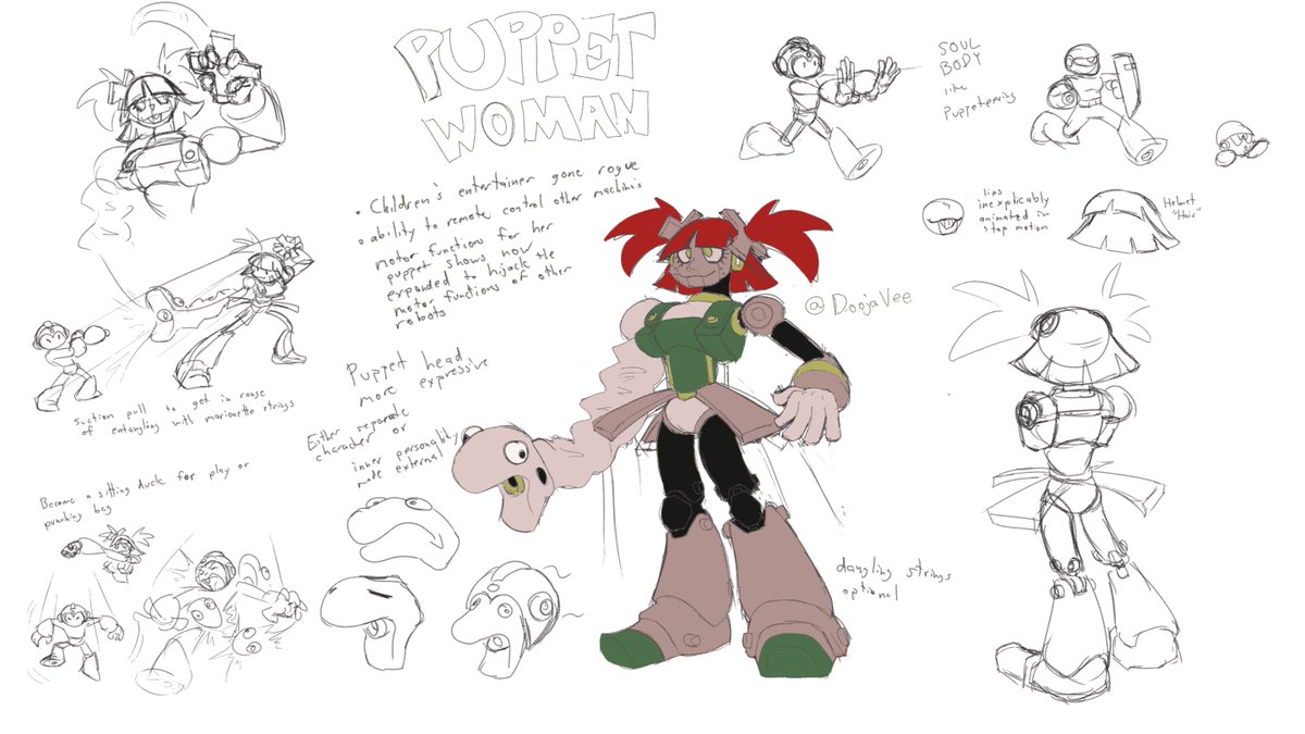 #MegaManDO #DesignARobotMasterdesign 

Puppet Woman
A children's entertainer gone rogue, her ability to remote control other machine's motor functions once used for party tricks now expanded to hijack other robots