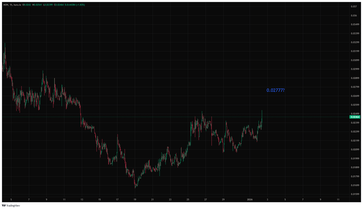 $MON
On Thursday, January 1, we saw a slight movement towards the end of the day: it gained 8% and closed at $0.024.
Despite the festive atmosphere, mon spent New Year's Eve without any sharp jumps — the price remained in a narrow range of $0.021-$0.023, demonstrating the absence