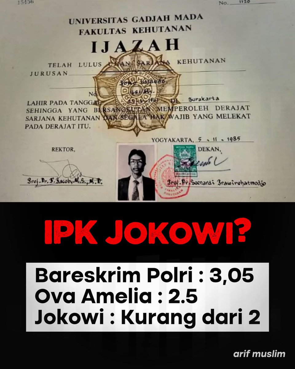 KETAHUAN BOHONGNYA...

IPK JOKOWI...
- BARESKRIM POLRI : 3,05
- REKTOR UGM OVA : 2,5
- JOKOWI KURANG DARI 2

YANG BENAR YANG MANA SIH...‼️

#PrabowoDiUjungTanduk
#PrabowoDiUjungTanduk
🆘🆗