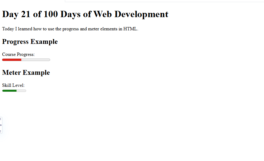 thetechgirlgita's tweet photo. Day (21/100) Web Development Learning Challenge
What I learned today:
1. HTML progress & meter tags
GitHub repository: https://t.co/n06mOyX0ev
#100DaysOfCode #WebDevelopment #HTML #Day21
#thetechgirlgita #100daysofchallenge #recentgraduate https://t.co/YV7iNGVi80
