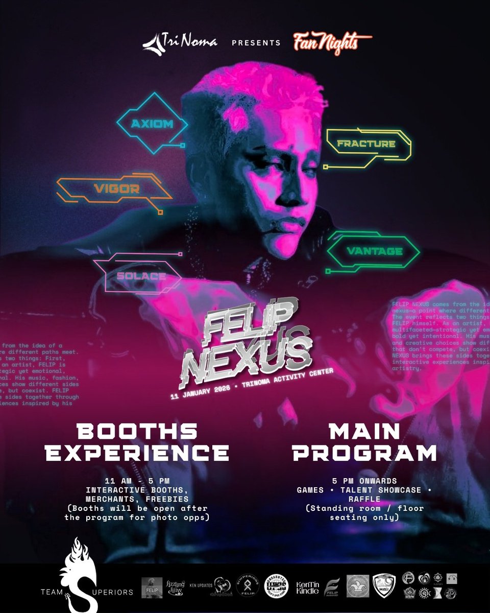 This is where it all comes together — #FELIPNexus ✨

From 11:30 AM to 5 PM, dive into interactive booths that bring every side of #FELIP/#SB19_KEN to life. Then at 5 PM, gather w/ fellow fans for the main program in one shared space.

All for <a href="/felipsuperior/">FELIP</a>, all in one place 🤘