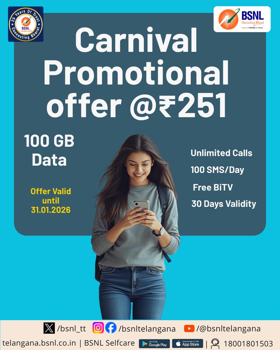 bsnl_tt's tweet photo. 🎉 BSNL Carnival Promotional Offer 🎉
Get 100 GB Data + Unlimited Calls + 100 SMS/day
🎬 FREE BiTV
📅 30 Days Validity
All this at just ₹251 🔥
⏳ Offer valid till 31.01.2026
Recharge now & enjoy more value!
#BSNL #BSNLCarnival #UnlimitedCalls #BiTV #BestValue https://t.co/FApS6wLpfD