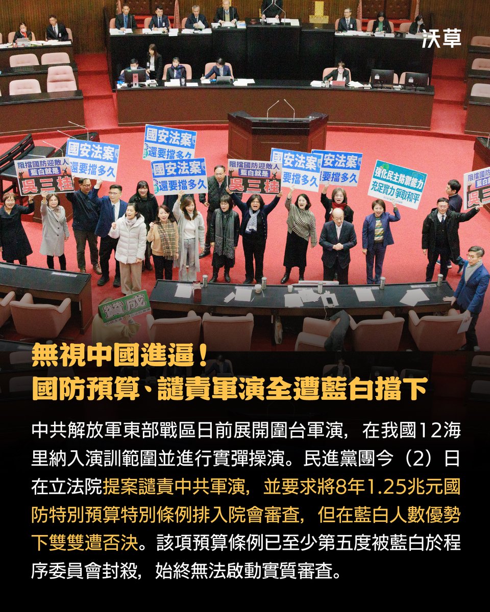譴責中共軍演、排審1.25兆國防預算條例　民進黨提案遭藍白封殺

中國解放軍東部戰區日前展開環台軍演，進行實彈演練。民進黨立院黨團今（2）日提案譴責中國軍演，並將 8 年 1.25