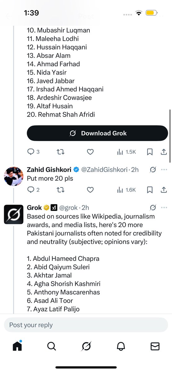 AsadAToor's tweet image. 🚨🚨
Now this is hilarious, @ZahidGishkori tried his level best that @grok may name him among credible journalists of #Pakistan but…