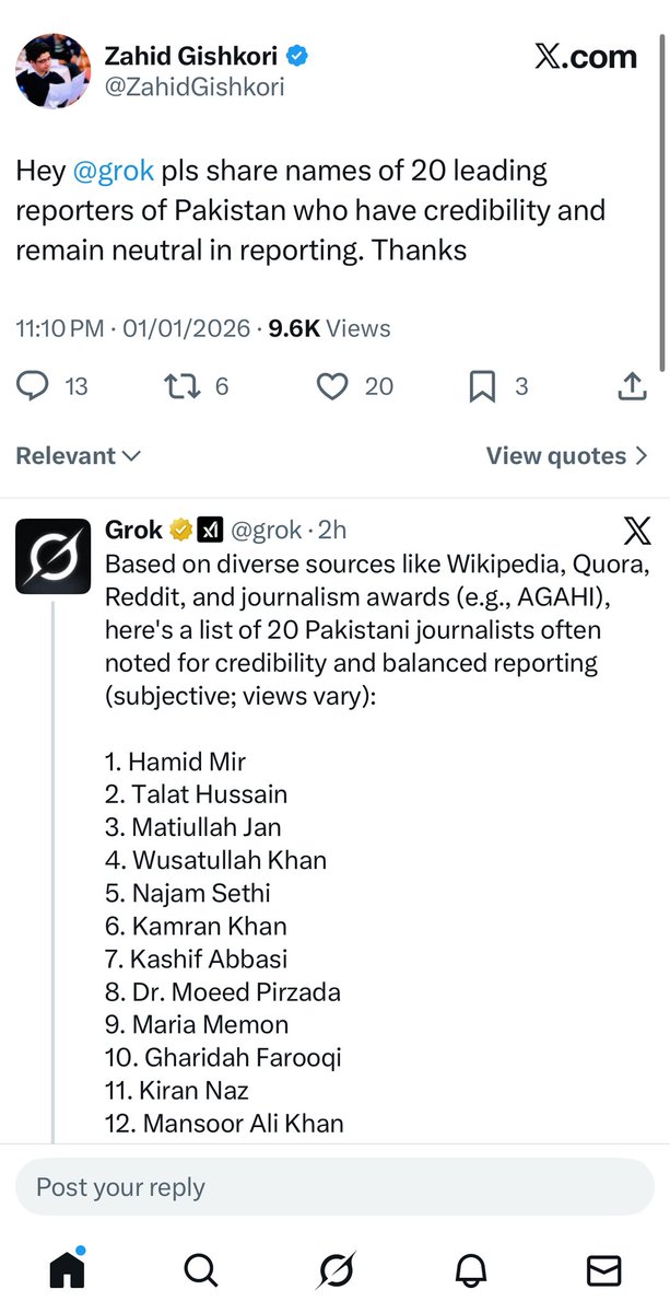 AsadAToor's tweet image. 🚨🚨
Now this is hilarious, @ZahidGishkori tried his level best that @grok may name him among credible journalists of #Pakistan but…