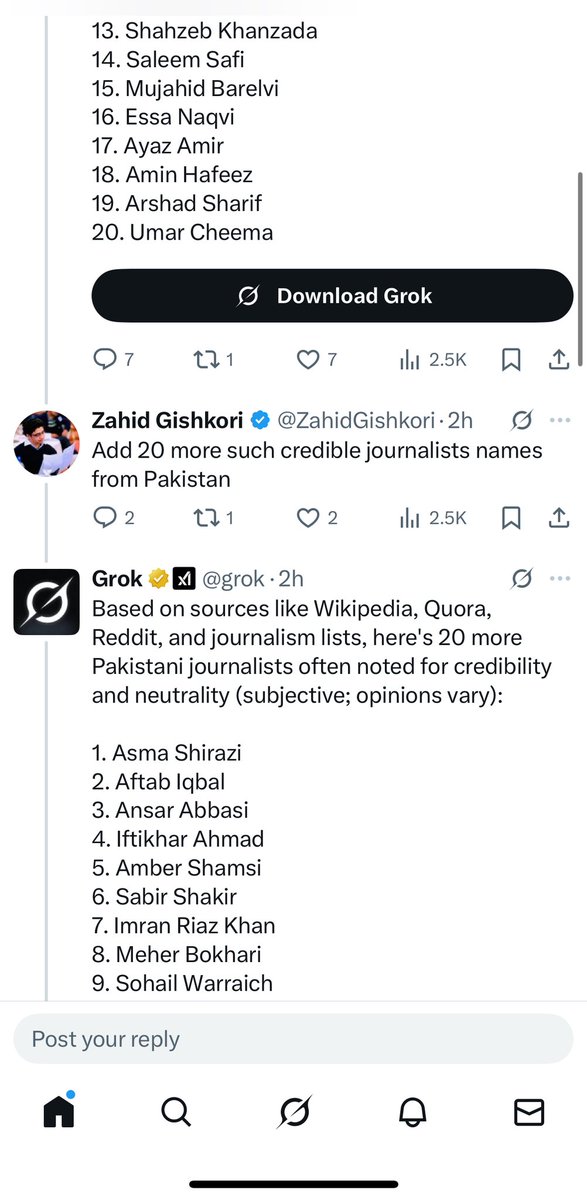 AsadAToor's tweet image. 🚨🚨
Now this is hilarious, @ZahidGishkori tried his level best that @grok may name him among credible journalists of #Pakistan but…