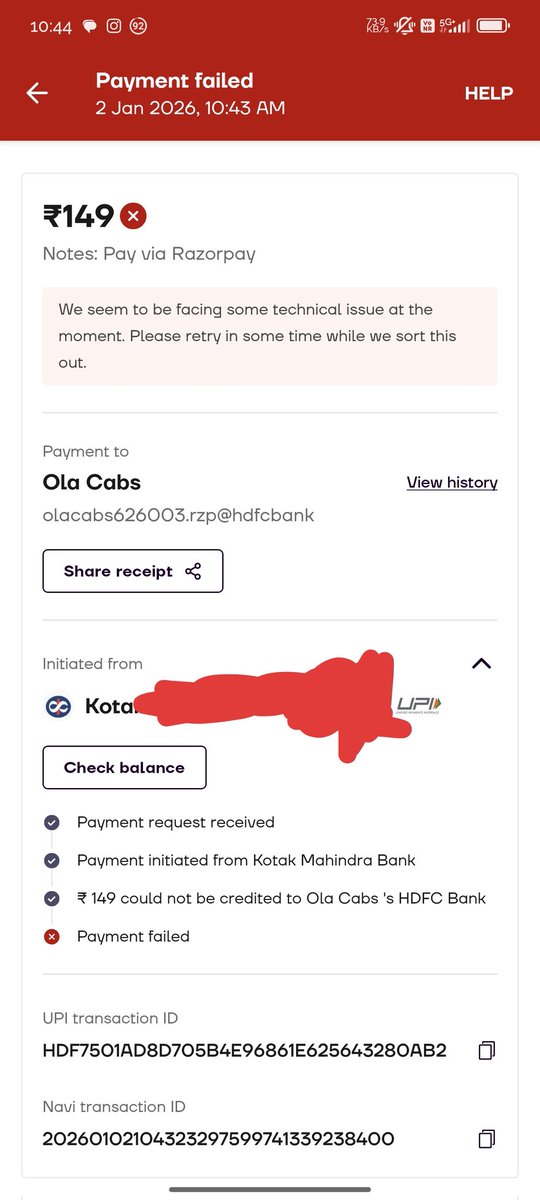 bataffl3ck's tweet photo. @navifinance hey, someone impersonating ola cabs requested money from my account via navi app, and I don't see any option to report scam/spam or contact support here, mind helping me? https://t.co/f4c0IL8Baf