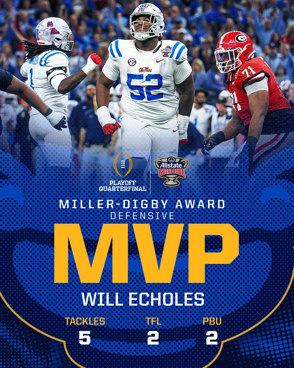 Will Echoles recorded a pair of TFLs and five tackles and is the Defensive Miller-Digby Award Winner at the 2026 #CFBPlayoff Quarterfinal at the <a href="/Allstate/">Allstate</a> #SugarBowl

@OleMissFb // #HottyToddy