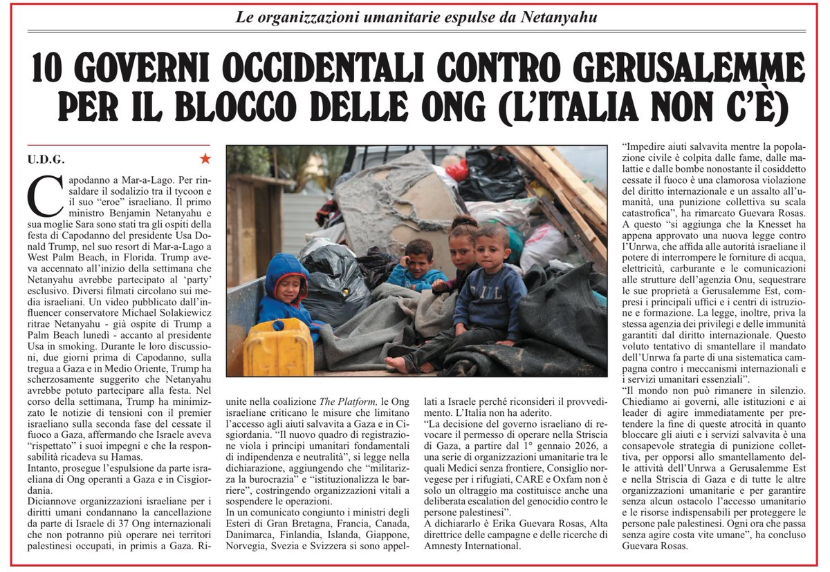 10 governi occidentali contro Netanyahu per il blocco delle Ong.
Manca all’appello l’Italia, si capisce: il governo Meloni è complice del genocidio nonché servo di Israele
Umberto De Giovannangeli, l’Unità