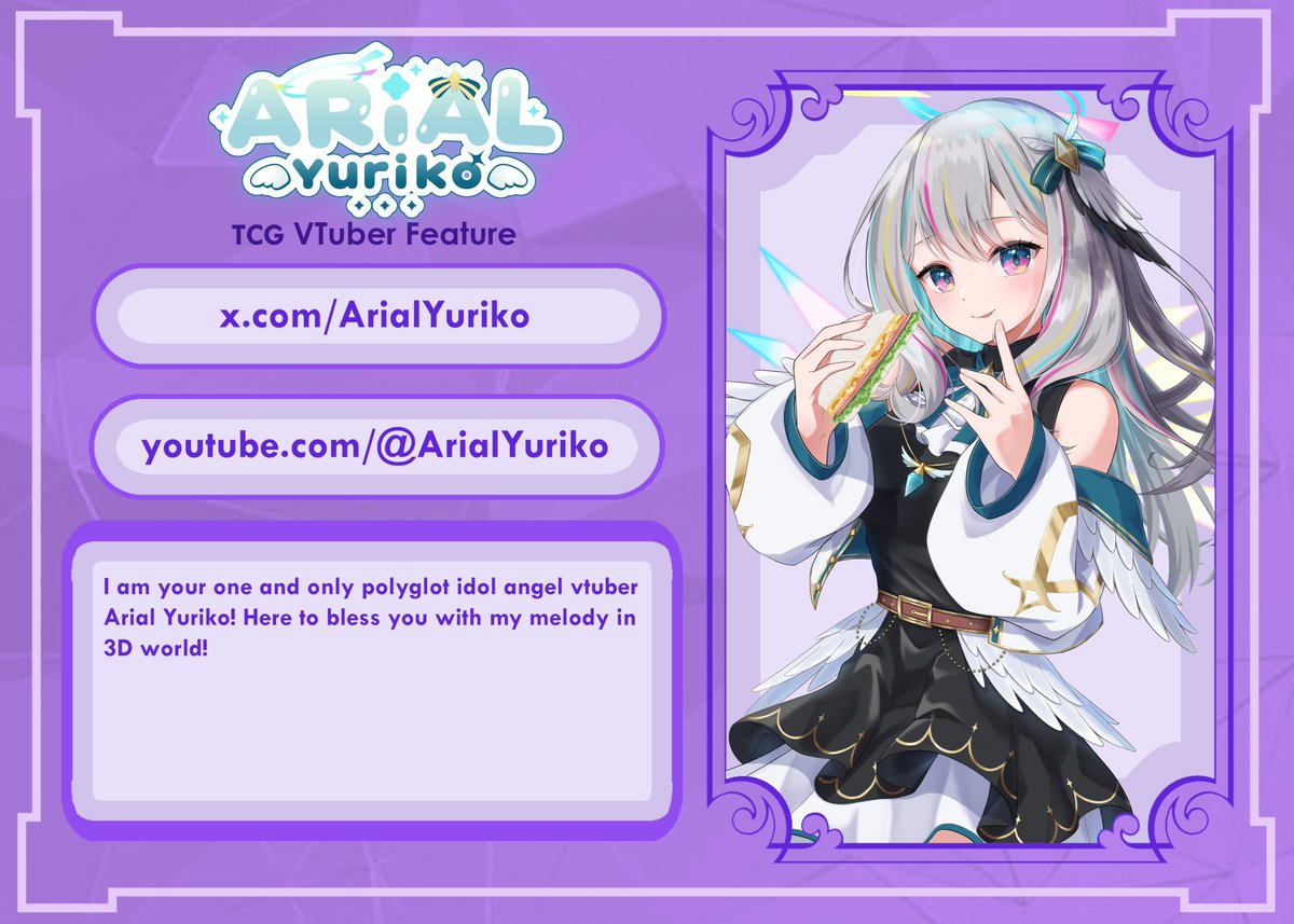 TheDebutFactory's tweet image. TCG SPOTLIGHT | 💜

Meet @ArialYuriko , the idol VSinger of VTDebut Wave 1! As she sings, her idol &amp;amp; VTuber self shine through. Be on the lookout for further spotlights and TCG information!

#VTuberUprising #ENVTuber