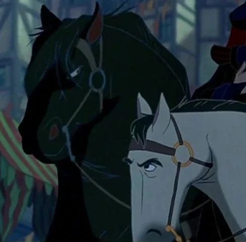 This is Claude Frollo's horse in the Hunchback of Notre Dame. His name is Snowball btw
