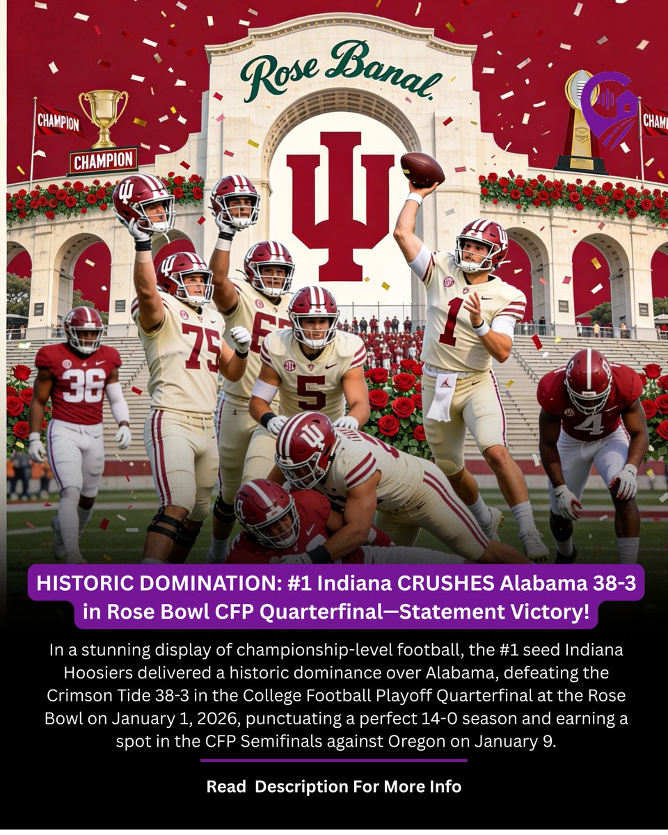 GallyoApp's tweet photo. Download Now!
🍏App Store: https://t.co/yanQtTjI7H
🤖Play Store: https://t.co/eCcck8v5n9
🌐 www.gallyo

#IndianaSports #CFF #RoseBowl #Indiana #Alabama #CollegeFootball #CFP #FootballPlayoffs #Championship #SportsNews #Hoosiers #CrimsonTide #JanuaryJam #HistoricVictory https://t.co/otWLzIflRa