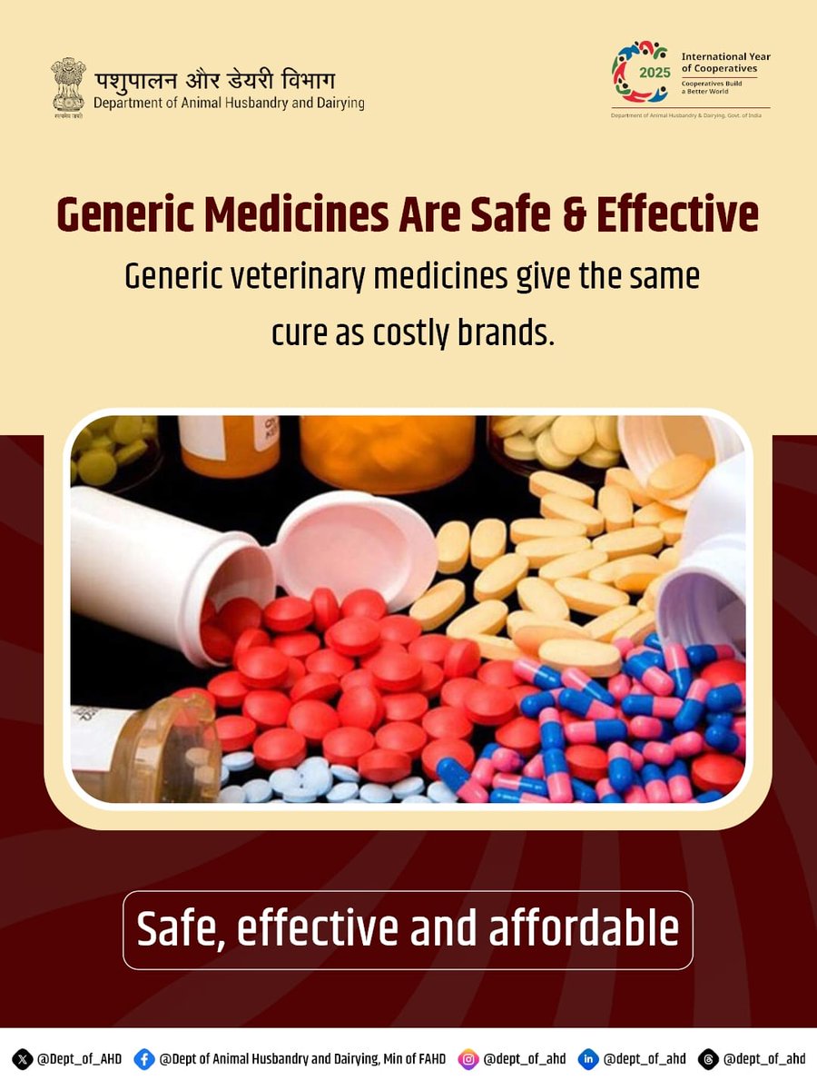 Dept_of_AHD's tweet image. Did you know? 

Choosing generic veterinary medicines means you get the trusted care but at a price that keeps farming affordable! 

Safe 
Effective 
Farmer‑friendly 

#GoForGeneric #SmartChoice #AnimalHealth #AffordableTreatment #VeterinaryCare #HealthyLivestock