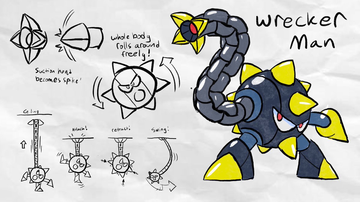 egoraptor's tweet photo. Robot Master - Wrecker Man

My last minute entry for the Design a Robot Master contest for 
@MegaMan !!

He uses his chain-like extending suction arm to grab the ceilings and walls (and even Mega Man himself!!) to swing his heavy, spiked body around like a wrecking ball to cause massive damage!!

Pen name: Arin Hanson

#MegaManDO
#DesignARobotMaster