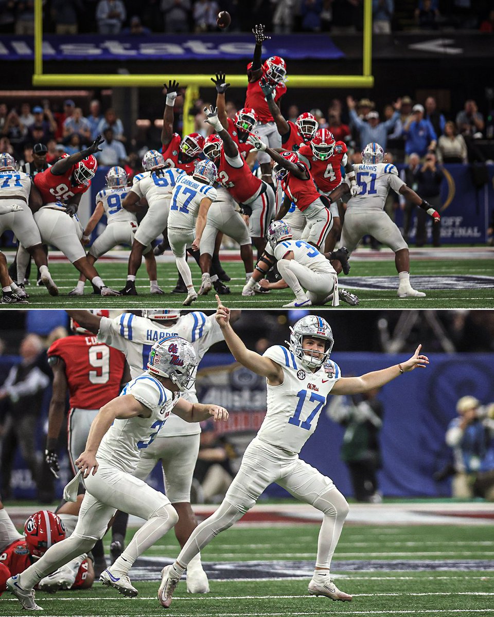 SportsCenter's tweet image. Ole Miss kicker Lucas Carneiro vs. Georgia:

🎯 55-YD FG (3rd-longest FG in CFP history)
🎯 56-YD FG (2nd-longest FG in CFP history)
🎯 47-YD FG (Game-winning kick)

What a clutch performance from the junior 👏
