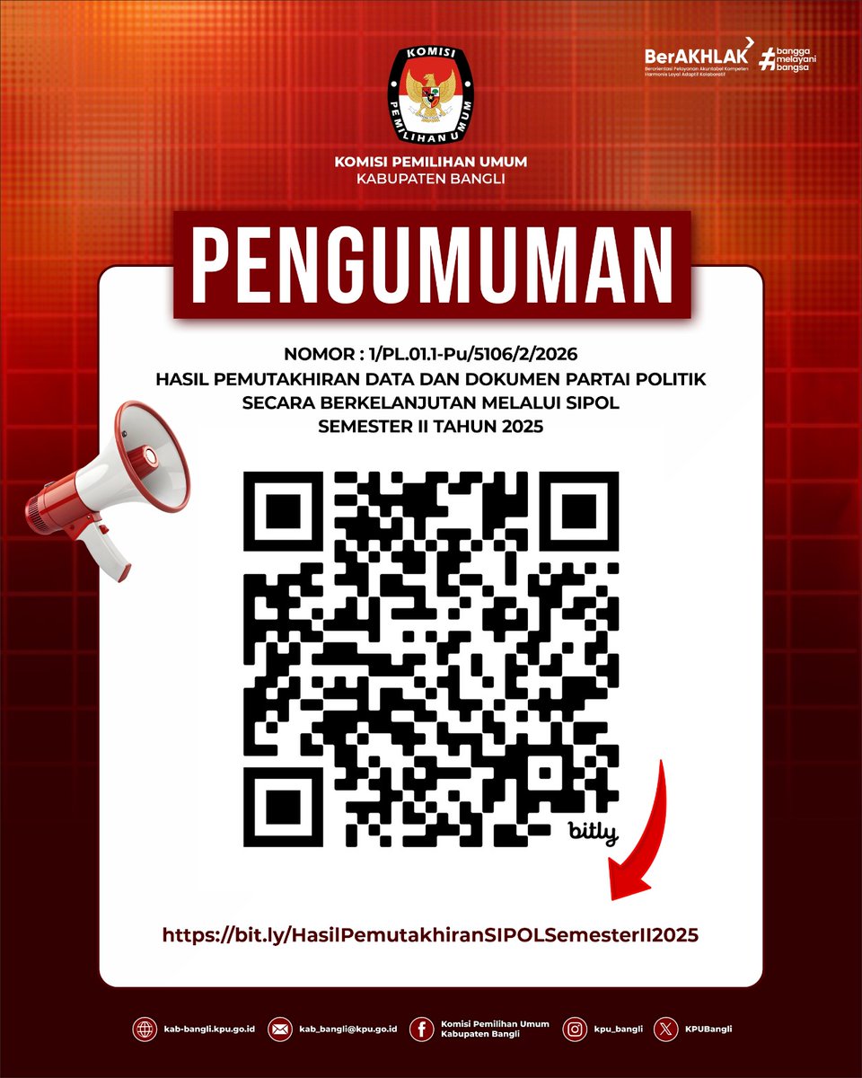 KPU Kabupaten Bangli mengeluarkan Pengumuman Nomor 1/PL.01.1-Pu/5106/2/2026 tanggal 2 Januari 2026 tentang Hasil Pemutakhiran Data dan Dokumen Partai Politik Secara Berkelanjutan melalui Sipol Semester II Tahun 2025.

bit.ly/HasilPemutakhi…