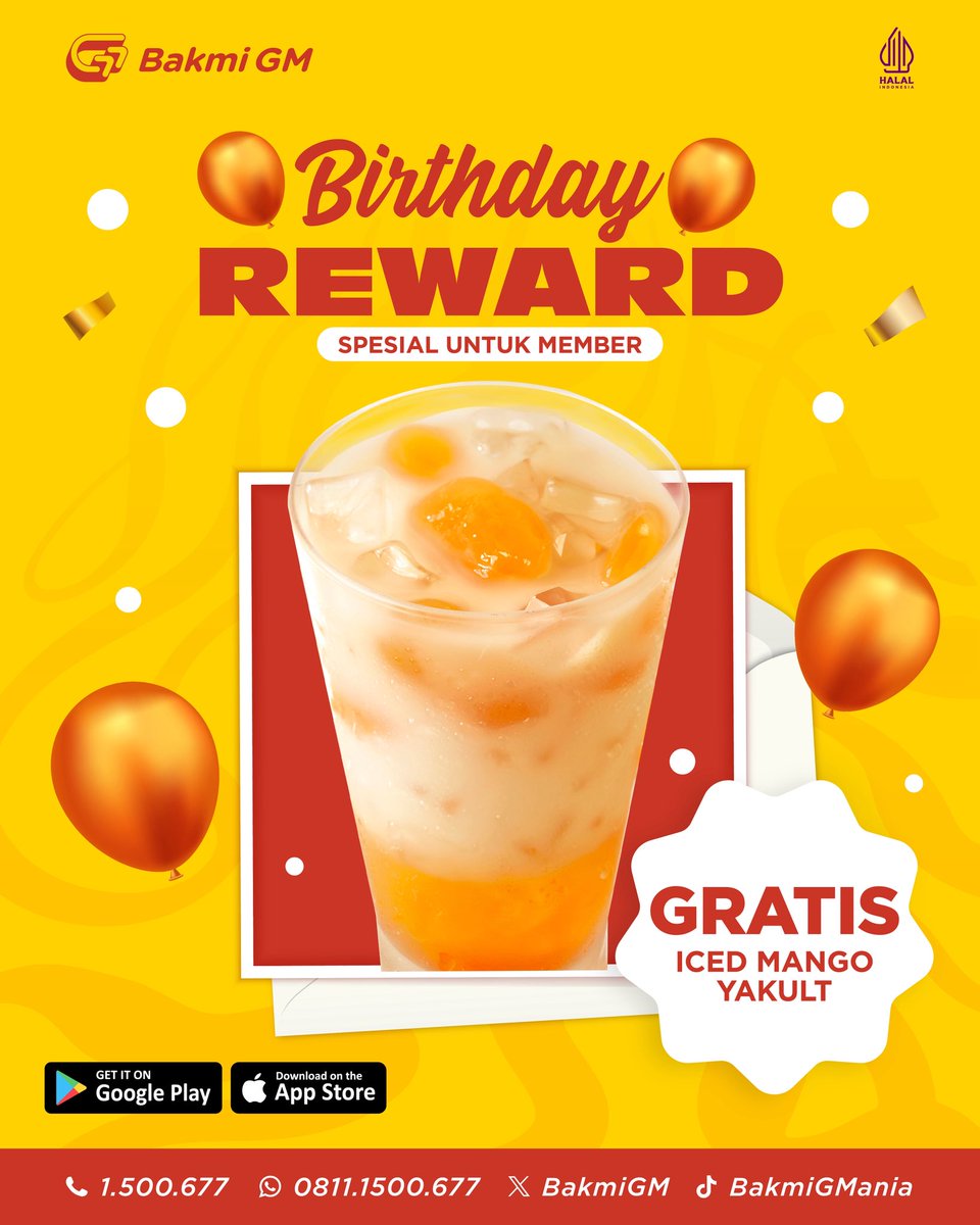 Hari ulang tahun waktunya dapet yang segar segar 🎉🥭
Redeem dan nikmati Iced Mango Yakult GRATIS yang nyegerin! Yuk, Daftar jadi member maksimal H-1 sebelum hari ulang tahun ya, GMania.

Yuk join sekarang dan nikmati traktirannya 😉