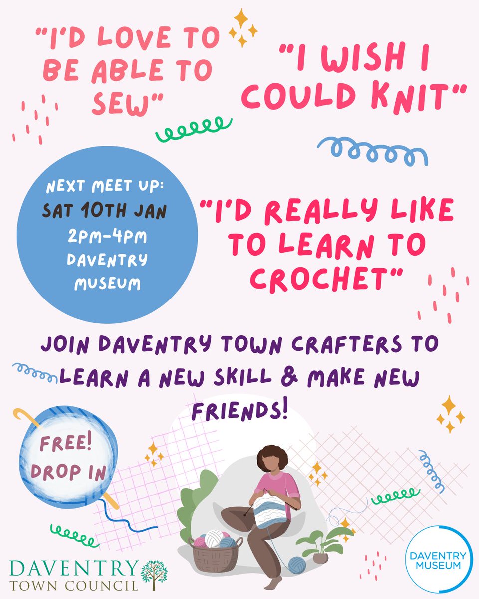 🧵🧶 New hobby for the new year?
Join Daventry Town Crafters on Sat 10 Jan 2026, 2–4pm at Daventry Museum! Beginners + pros all welcome ✂️
💜 Free drop-in
💜 Needles &amp; yarn to borrow
💜 Help always on hand