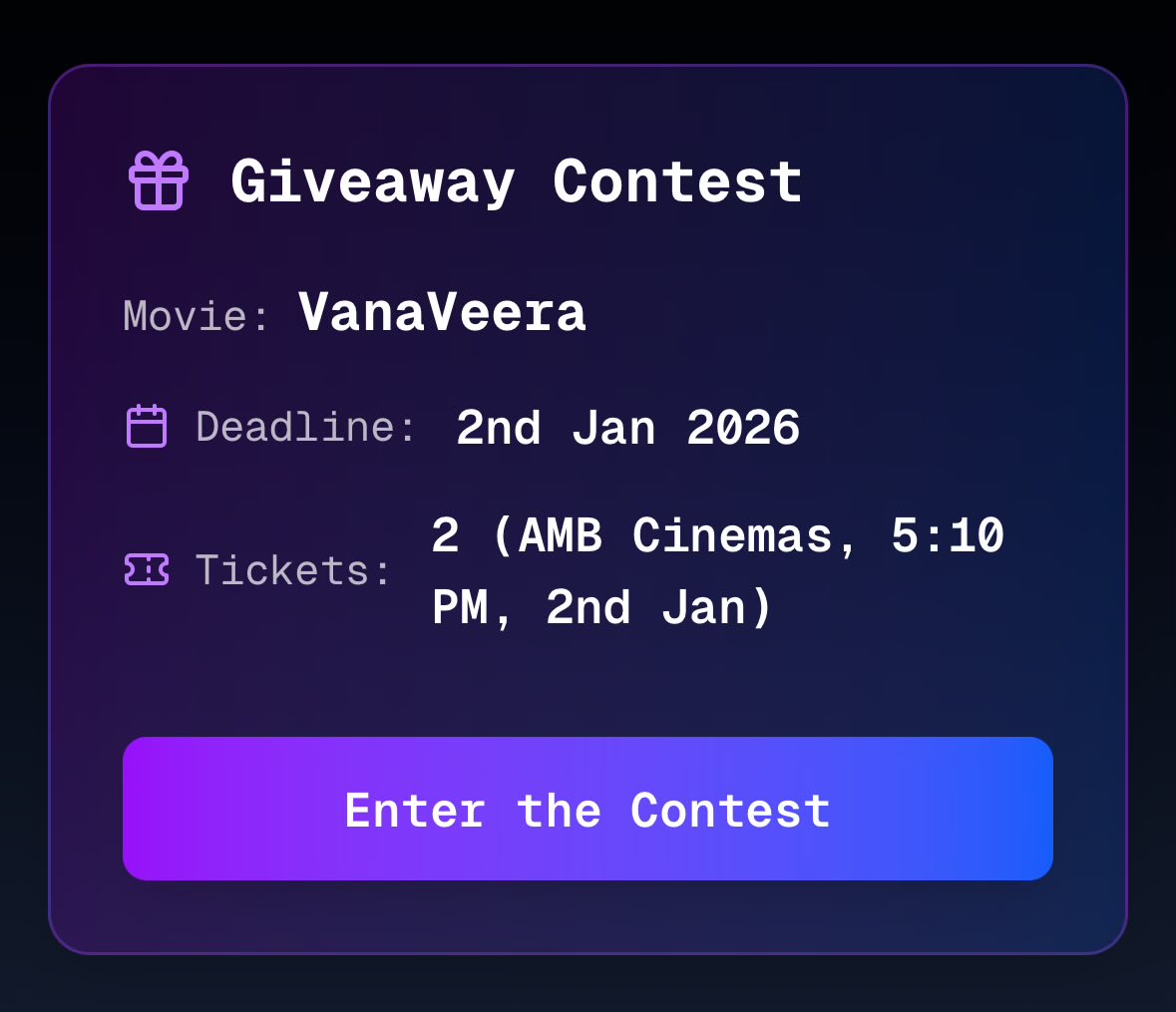 showtingdotin's tweet photo. #VanaVeera movie ticket giveaway at @showtingdotin !
1) Login at @showtingdotin
2) Navigate to Ticketing page
3) Enter the contest
4) Like and Retweet this tweet :) https://t.co/L2Lwx4NkCB